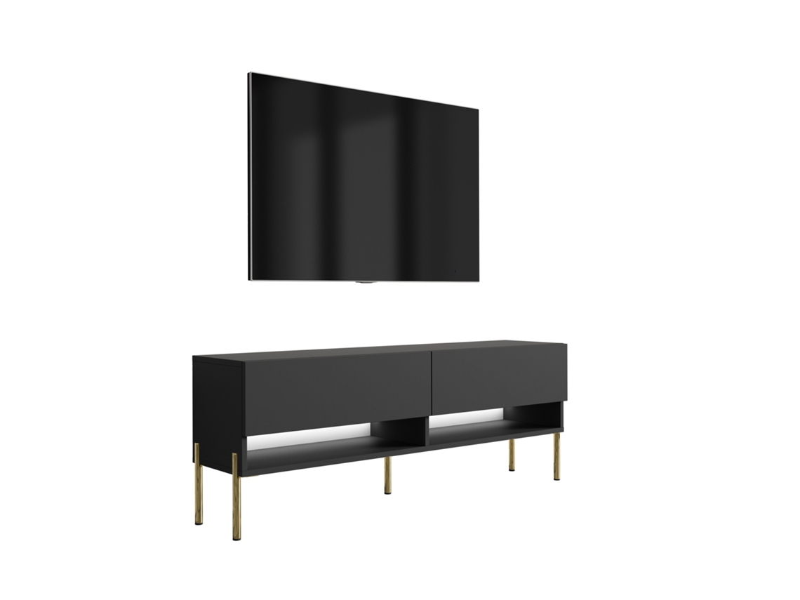 Suporte De Tv 140 Cm Preto Fosco, Pernas Retas Douradas, Led Branco, 140 × 32 × 52 Cm 3E 3XE LIVING.COM