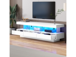 Armário de TV BTFORUS Branco Brilhante (160x38x50,5 cm), 3 Nichos de Vidro, LED, App/Bluetooth, Suporta TV 70"