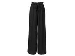 Calça Palazzo Feminina Rebe com Pregas Amplas em Chiffon e Laço, Tamanho P, Preta