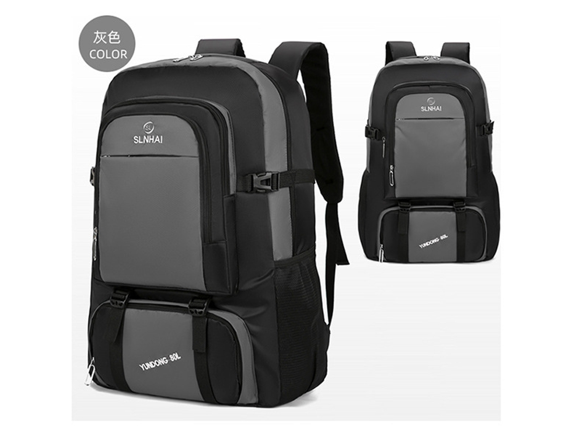 Mochila (cinza) de grande capacidade, ideal para caminhadas casuais ao ar livre, adequada para deslocamentos diários e viagens.