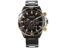Relógio de pulso masculino de quartzo com pulseira de aço e mostrador redondo preto.