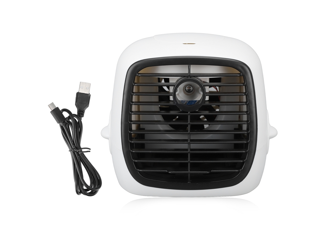 Ventilador de mesa com 5 velocidades, recarregável via USB, com reservatório de água e filtro lavável.