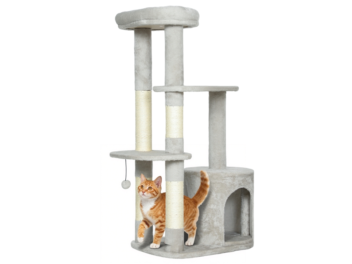 Torre Até 6 Kg Multi‑nível E Caverna E Troncos De Sisal E Plataforma E 114 Cm E Cinza‑claro