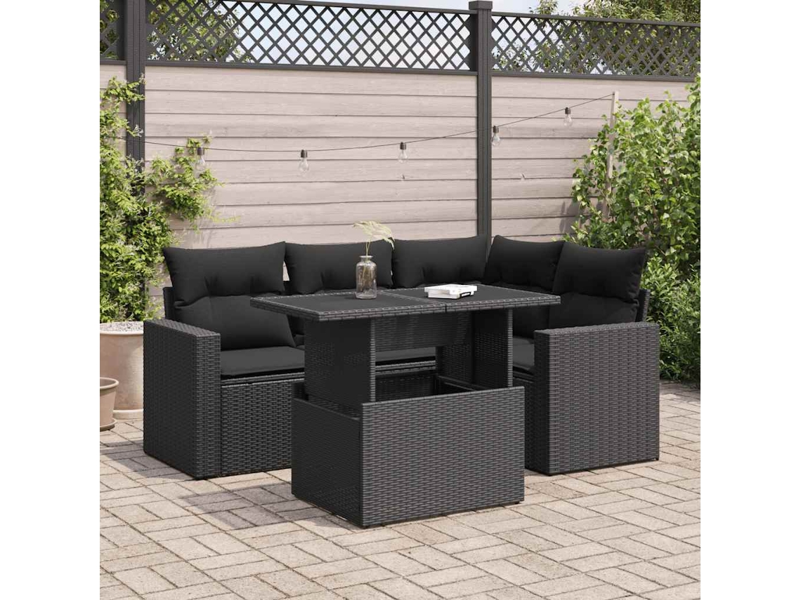 Vidaxl 5 Pcs Conjunto Sofás De Jardim Com Almofadões Vime Pe Preto