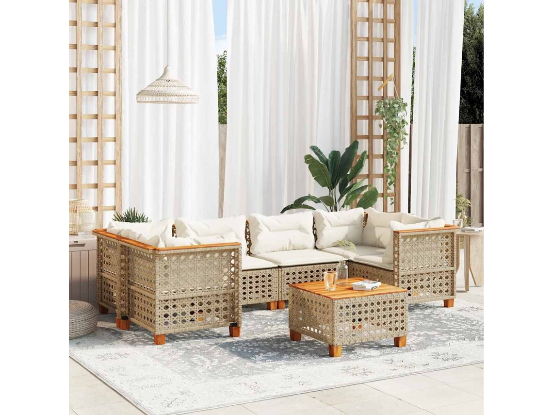 Vidaxl 7 Pcs Conjunto De Sofás P/ Jardim Com Almofadões Vime Pe Bege