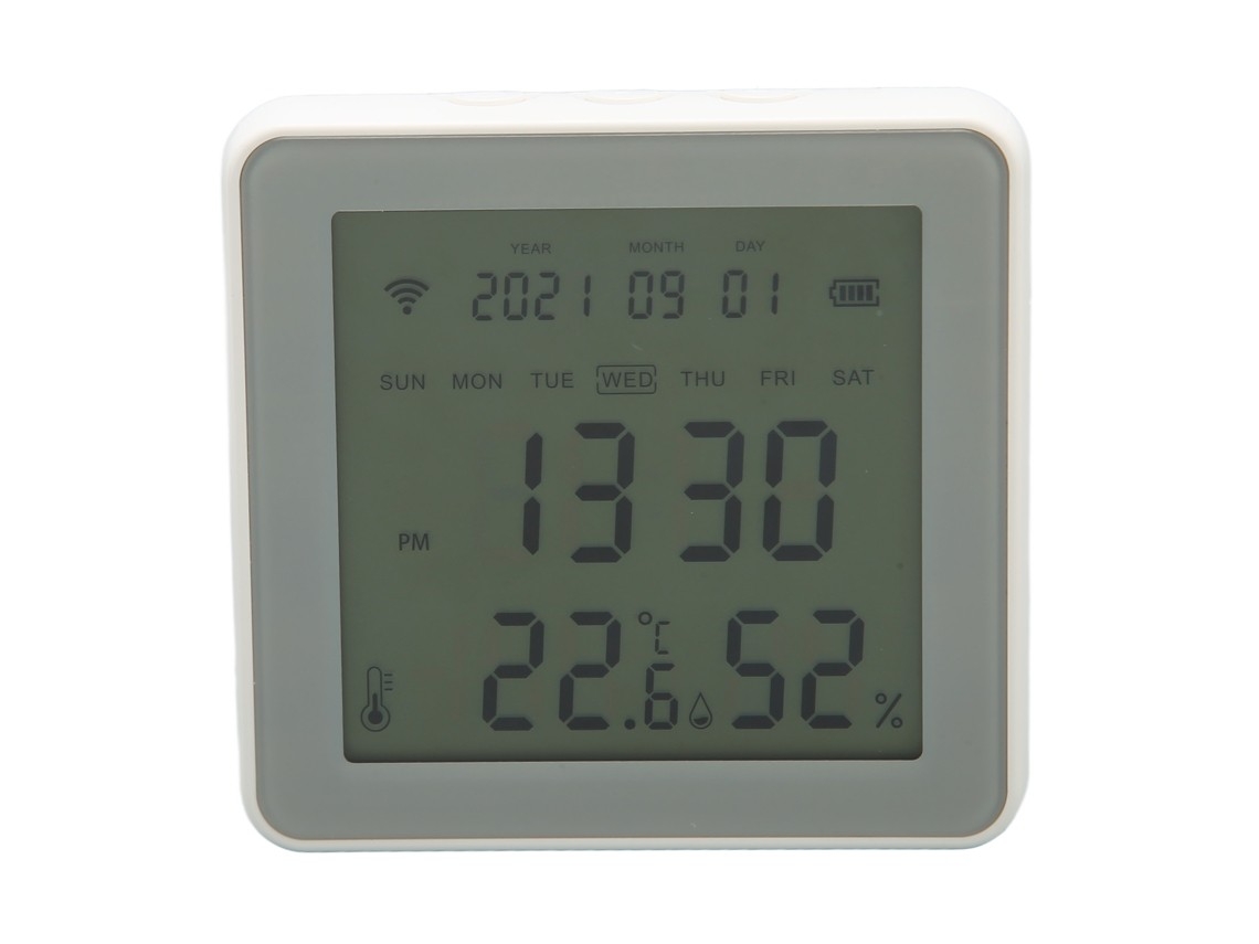 Sensor de temperatura e umidade Wi-Fi com tela LCD, branco, para uso doméstico, com exibição de data e hora e luz de fundo dourada.