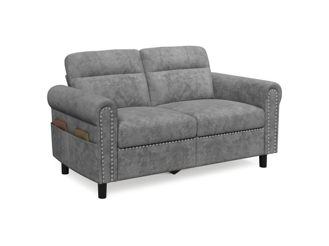 Sofá Moderno 2 Lugares - Camurça Sintética - Cinza - Com Bolsos - 152 X 76 X 84 Cm