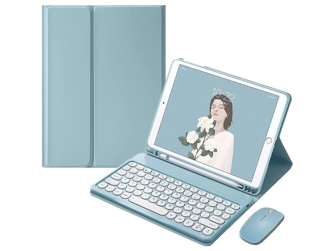 Yuru capa com Teclado e Mouse para Ipad 9/8/7 10.2", Air 3/pro 10.5, Teclas Redondas Coloridas, Bluetooth, Apoio Ajustável