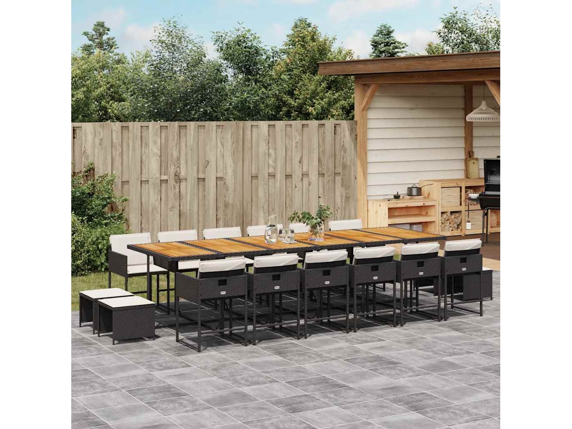 Vidaxl 17 Pcs Conjunto de Jantar P/ Jardim C/ Almofadões Vime Pe Preto
