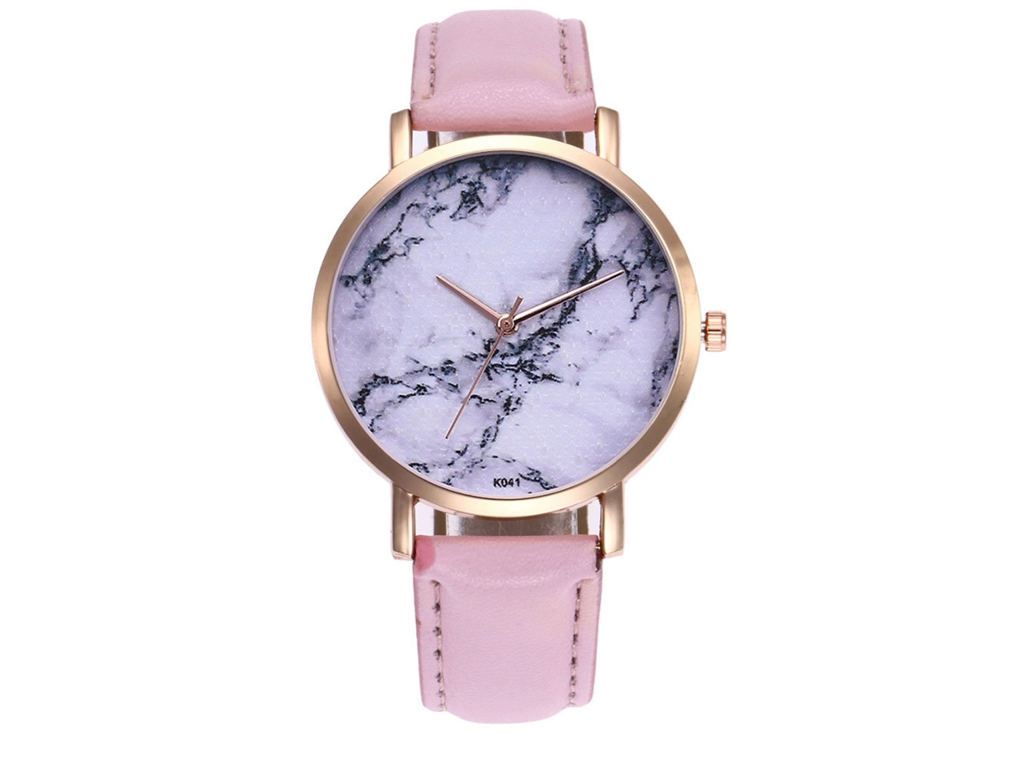 Relógio de casal Zhoulianfa com mostrador redondo de mármore branco, movimento de quartzo e pulseira de PU (rosa)