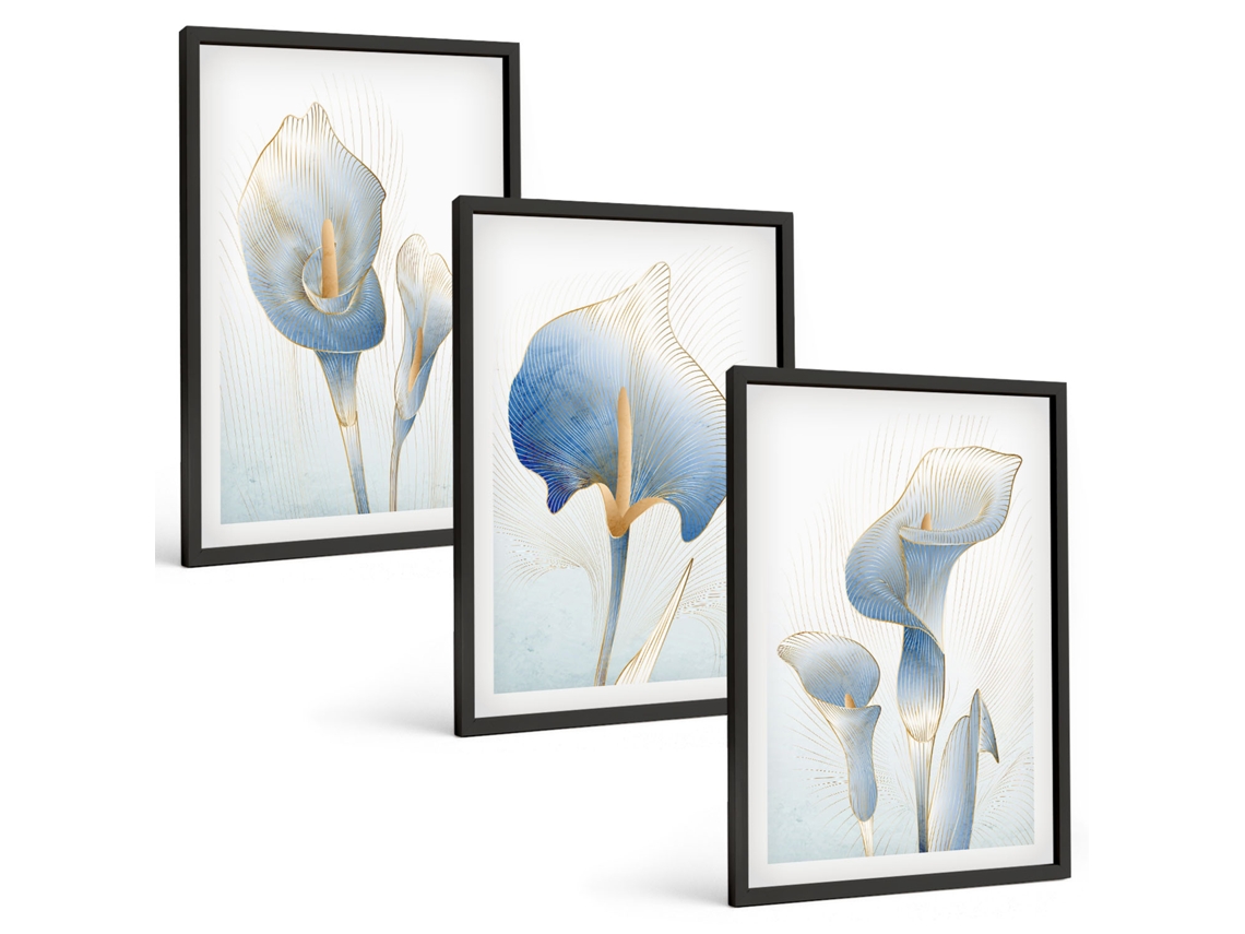 Pinturas Murais Modernas Flores Azuis Ao Fundo Moldura Preta Quadros Para A Sala De Estar Espelharte (3 Piezas De 40x60 Cm)