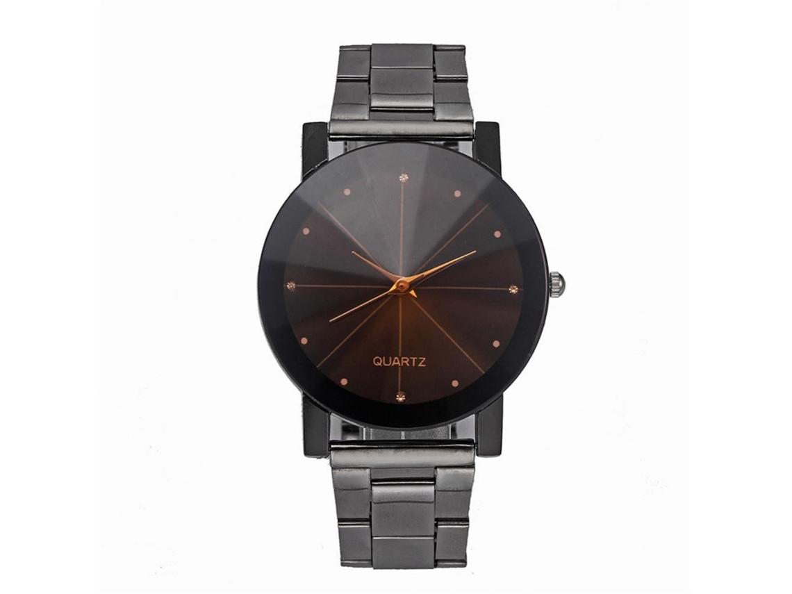 Relógio masculino com pulseira de aço e decoração com strass, design simétrico, preto.