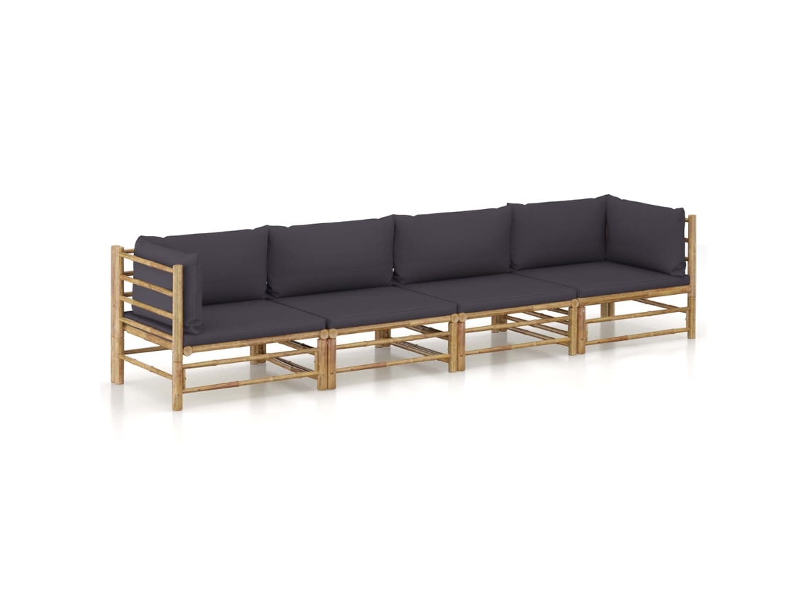 Vidaxl 4 Pcs Conj. Lounge Jardim Em Bambu C/ Almofadões Cinza-escuro
