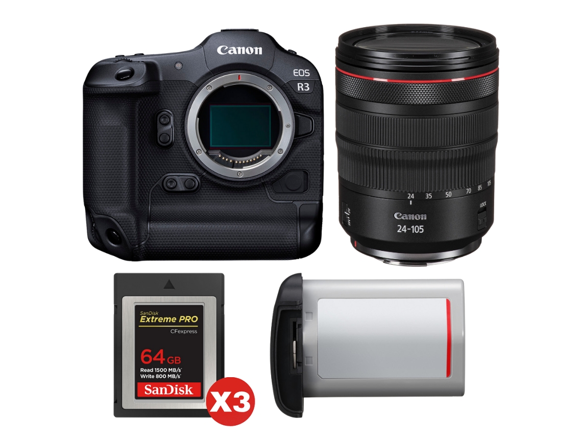 Eos R3 + Rf 24 105mm F/4 L Is Usm + 3 Sandisk 64gb Extreme Pro Cfexpress Type B + Canon Lp e19 + Ebook “20 Dicas para Fotos Que Impressionam” CANON