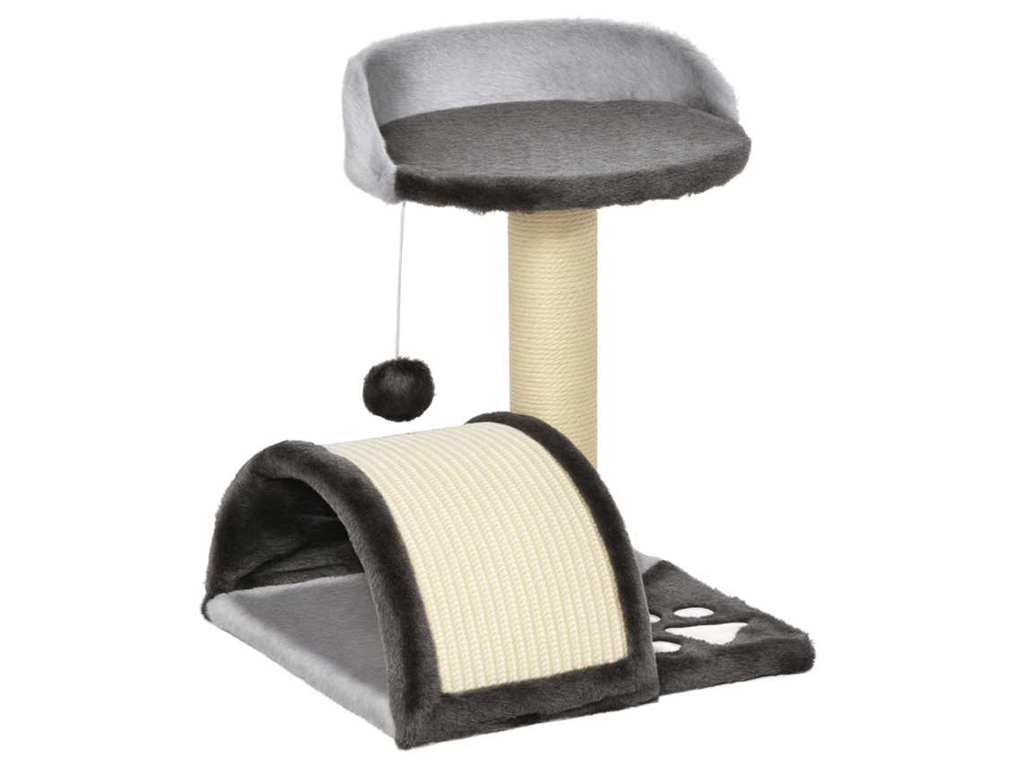 Árvore Arranhador para Gatos de 2 Níveis com Poste e Tapete de Arranhar Cama e Bola Suspensa 35,5x37x46 Cm Cinza Ge