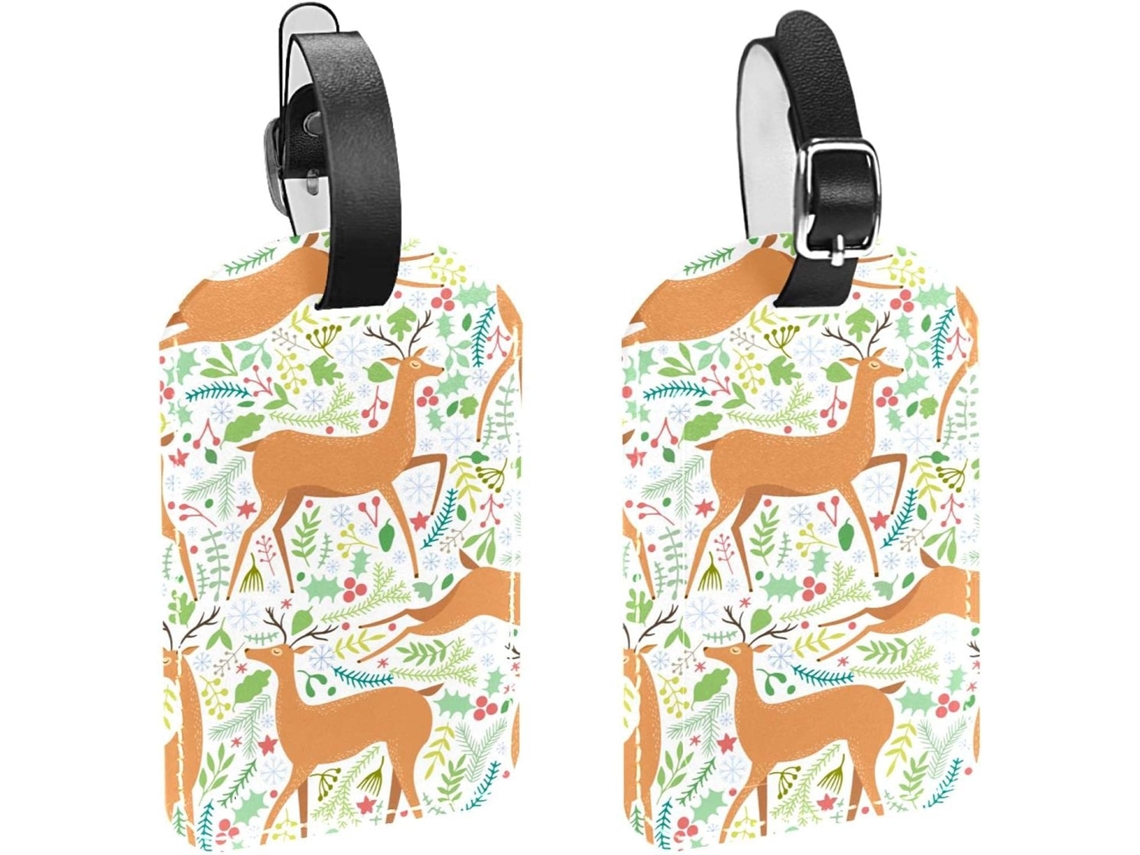 Conjunto De 2 Etiquetas Bagagem Em Imitação Couro Com Estampa Veado E Planta