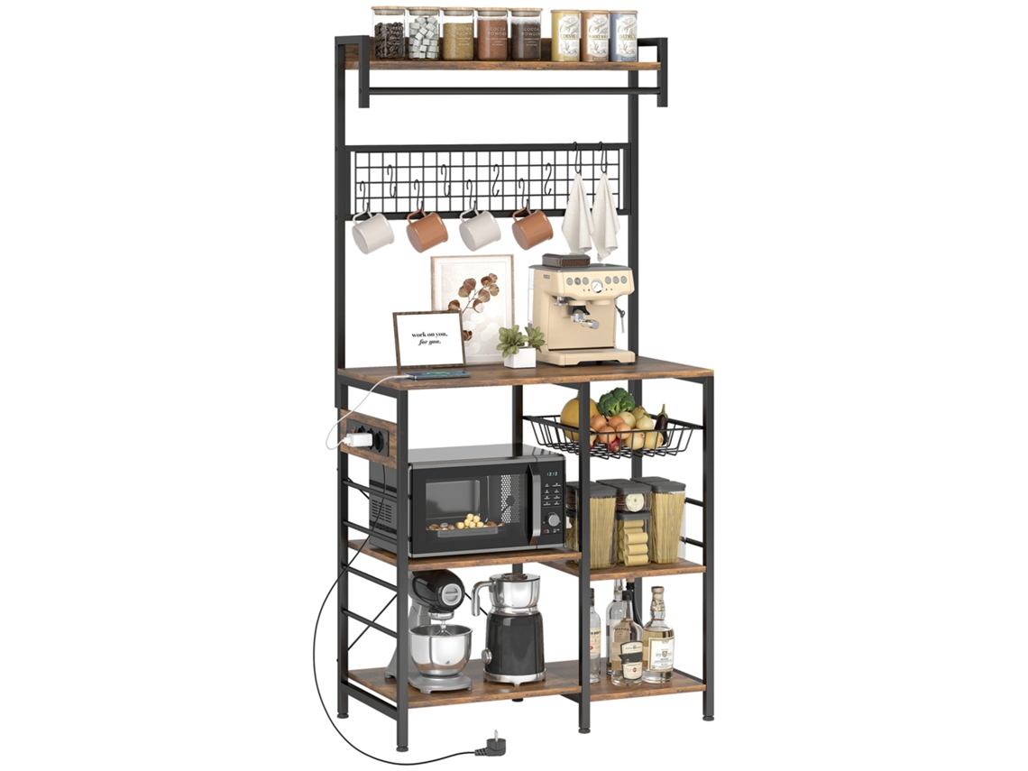Estante de cozinha com três tomadas e luzes LED, prateleiras para micro-ondas, rústico, 80x42x162 Cm preto MARCA