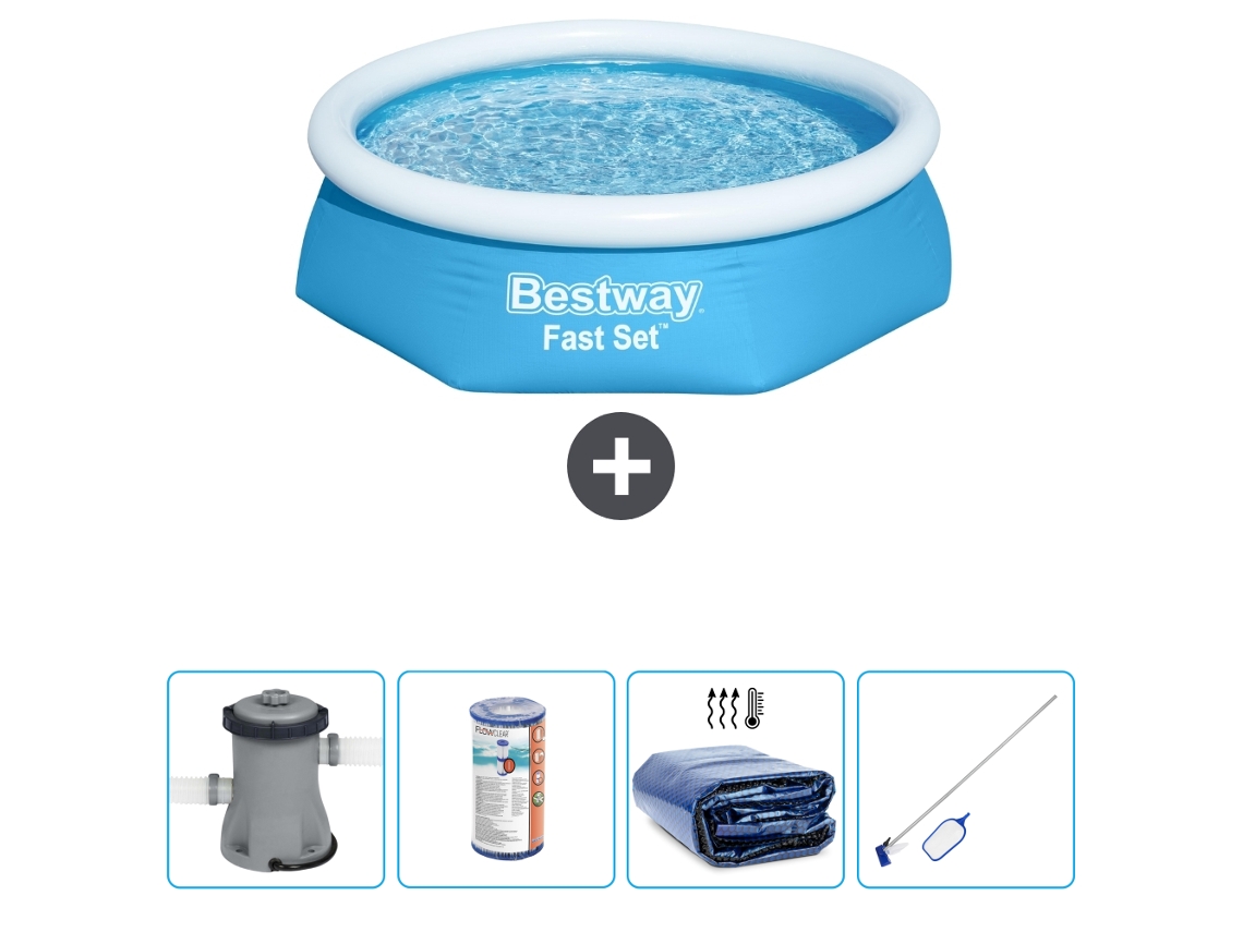 Piscina Inflável Redonda BESTWAY Fast Set 244 X 61 Cm Azul Inclui Bomba Filtro Vela Solar Kit de Limpeza