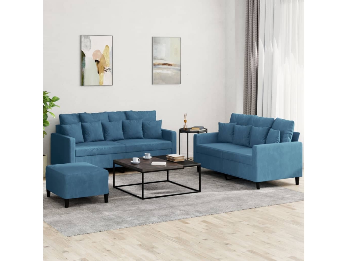 Vidaxl 3 Pcs Conjunto De Sofás Com Almofadões Veludo Azul