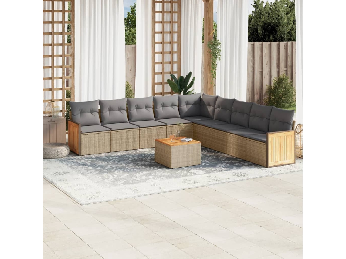 Vidaxl 10 Pcs Conjunto De Sofás P/ Jardim Com Almofadões Vime Pe Bege