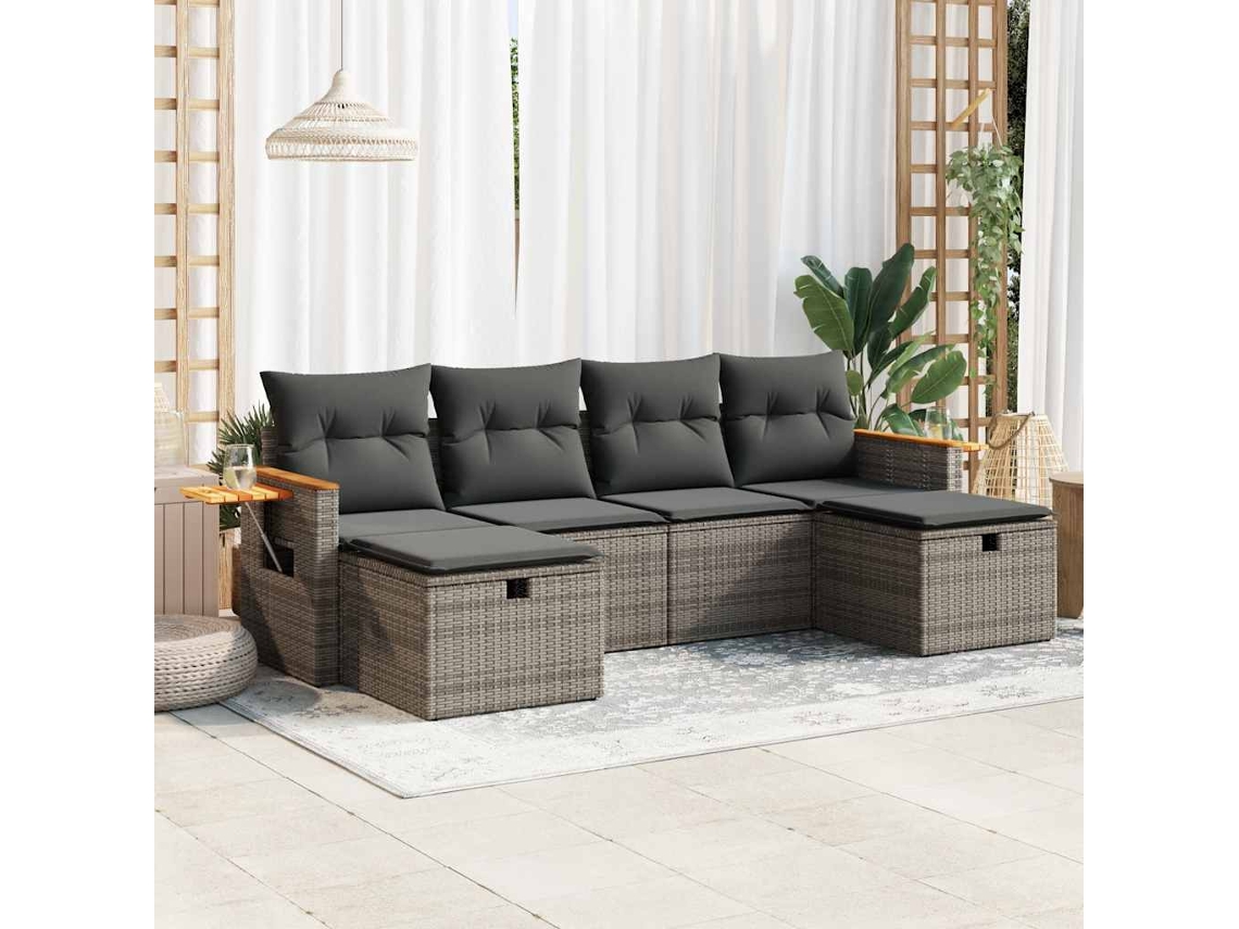 Vidaxl 6 Pcs Conjunto Sofás De Jardim Com Almofadões Vime Cinzento