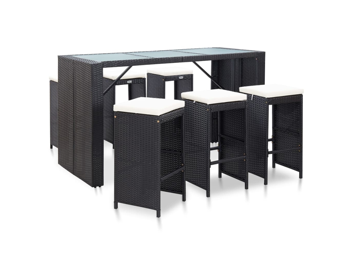 7 Pcs Conjunto Bar Para Jardim C/ Almofadões Vime Pe Preto Dkd Home Decor