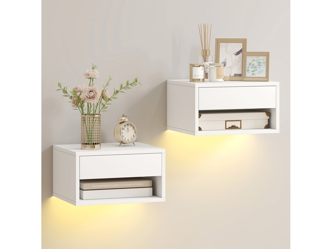 Conjunto De 2 Mesas De Cabeceira Flutuantes Com Iluminação Led Rgb Controlada Por Aplicativo, Prateleira E Gaveta, 37x32x21cm, Brancas.