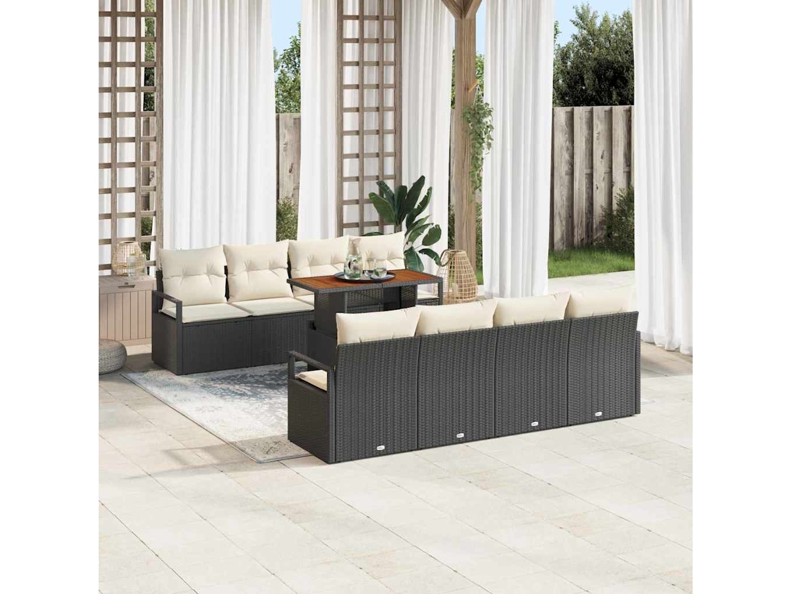 Vidaxl Conjunto De Sofá De Jardim Com Almofada 9 Pcs Preto E Creme