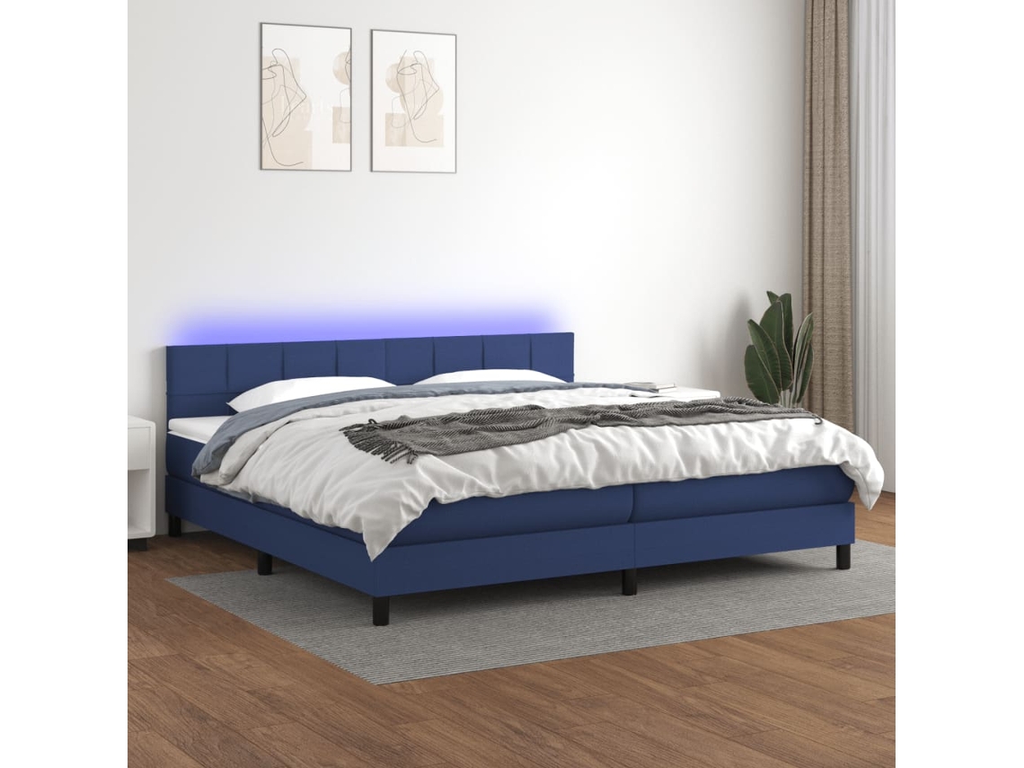 Vidaxl Cama Box Spring C/ Colchão E Led 200x200 Cm Tecido Azul