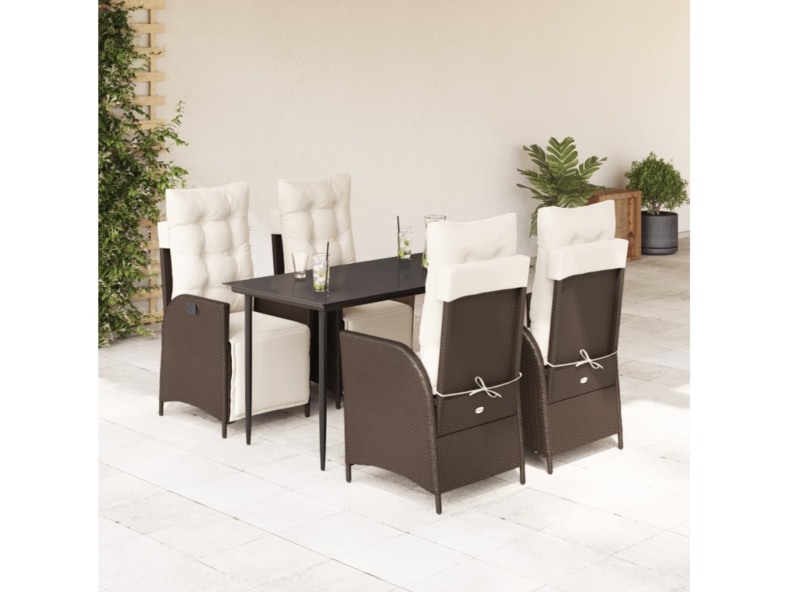 Vidaxl 5 Pcs Conjunto Jantar P/ Jardim C/ Almofadões Vime Pe Castanho
