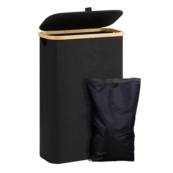 Cesto De Roupa Suja Com Tampa, Grande, 48 Litros, Com Saco Para Roupa Suja, Dobrável Com Alças, De Bambu, Preto