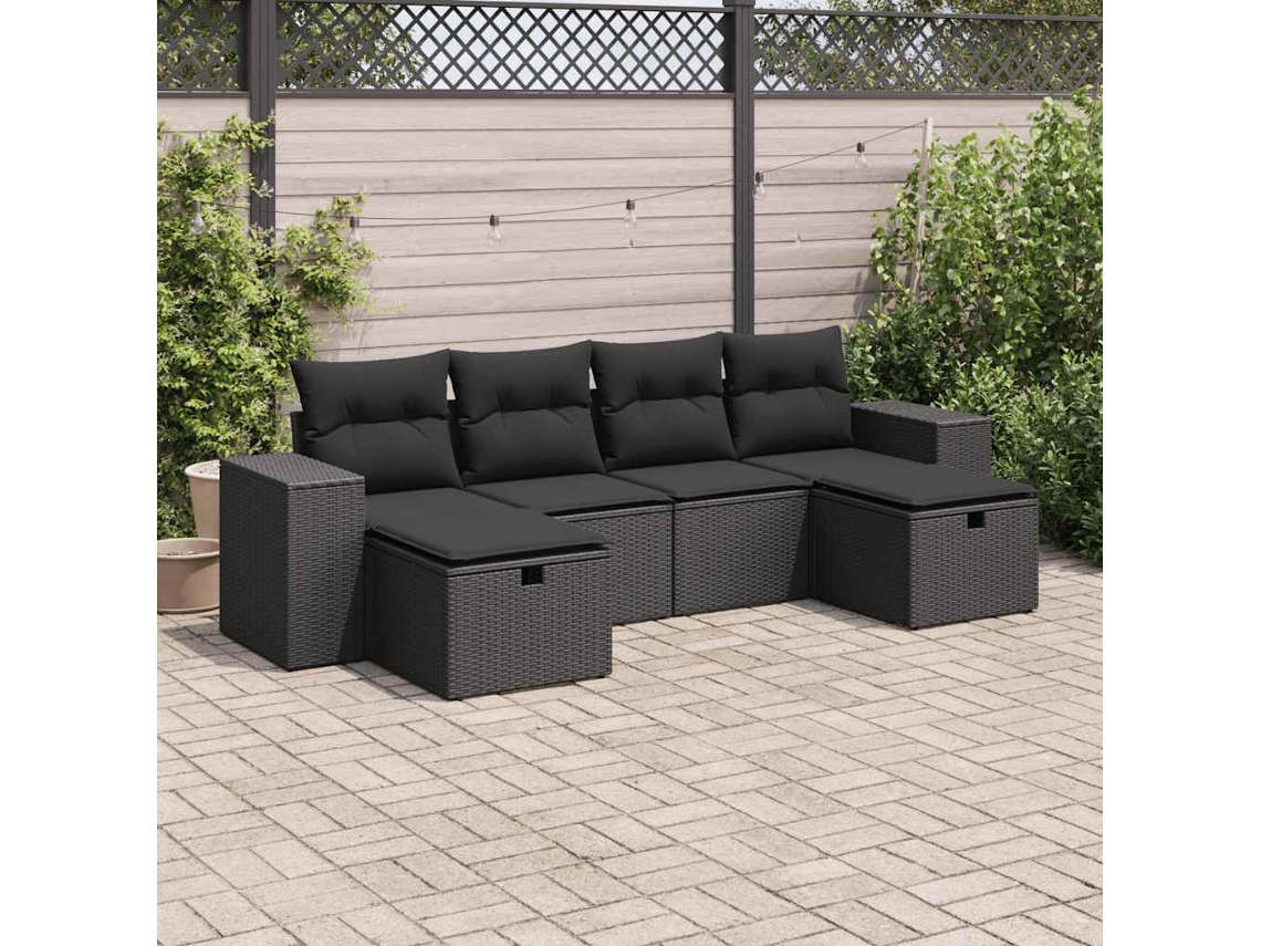 Vidaxl 6 Pcs Conjunto Sofás De Jardim C/ Almofadões Vime Pe Preto
