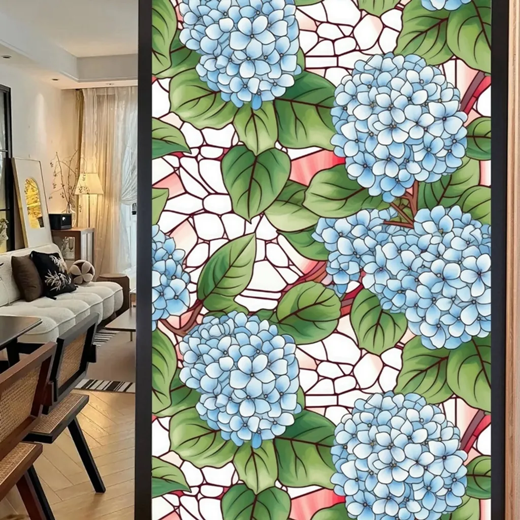 Película Para Janela 45* 100cm Com Estampa De Hortênsia Azul Em Vitral, Adesivo Para Janela, Película De Proteção Para Privacidade