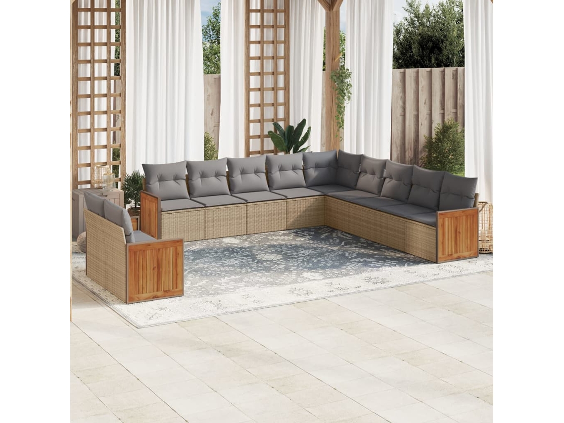 Vidaxl 11 Pcs Conjunto Sofás De Jardim C/ Almofadões Vime Pe Bege