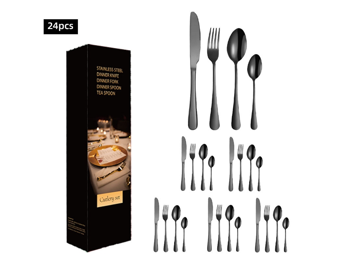 Conjunto De Talheres Em Aço Inoxidável (24 Peças - Preto) Com Facas, Garfos E Colheres Em Aço Inoxidável.