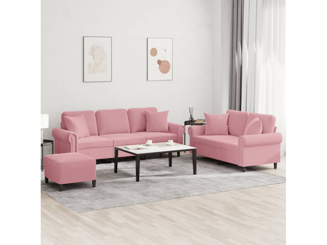 Vidaxl 3 Pcs Conjunto de Sofás com Almofadas Veludo Rosa