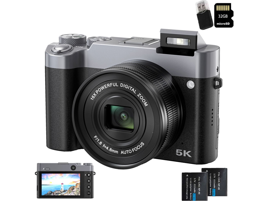 Câmera Digital SZSMART Dc208n 5k 64mp Tela Tátil 3.6" Câmera Dupla Autofoco para Vloggers e Iniciantes + Cartão de Memória 32g + 2 Bateria
