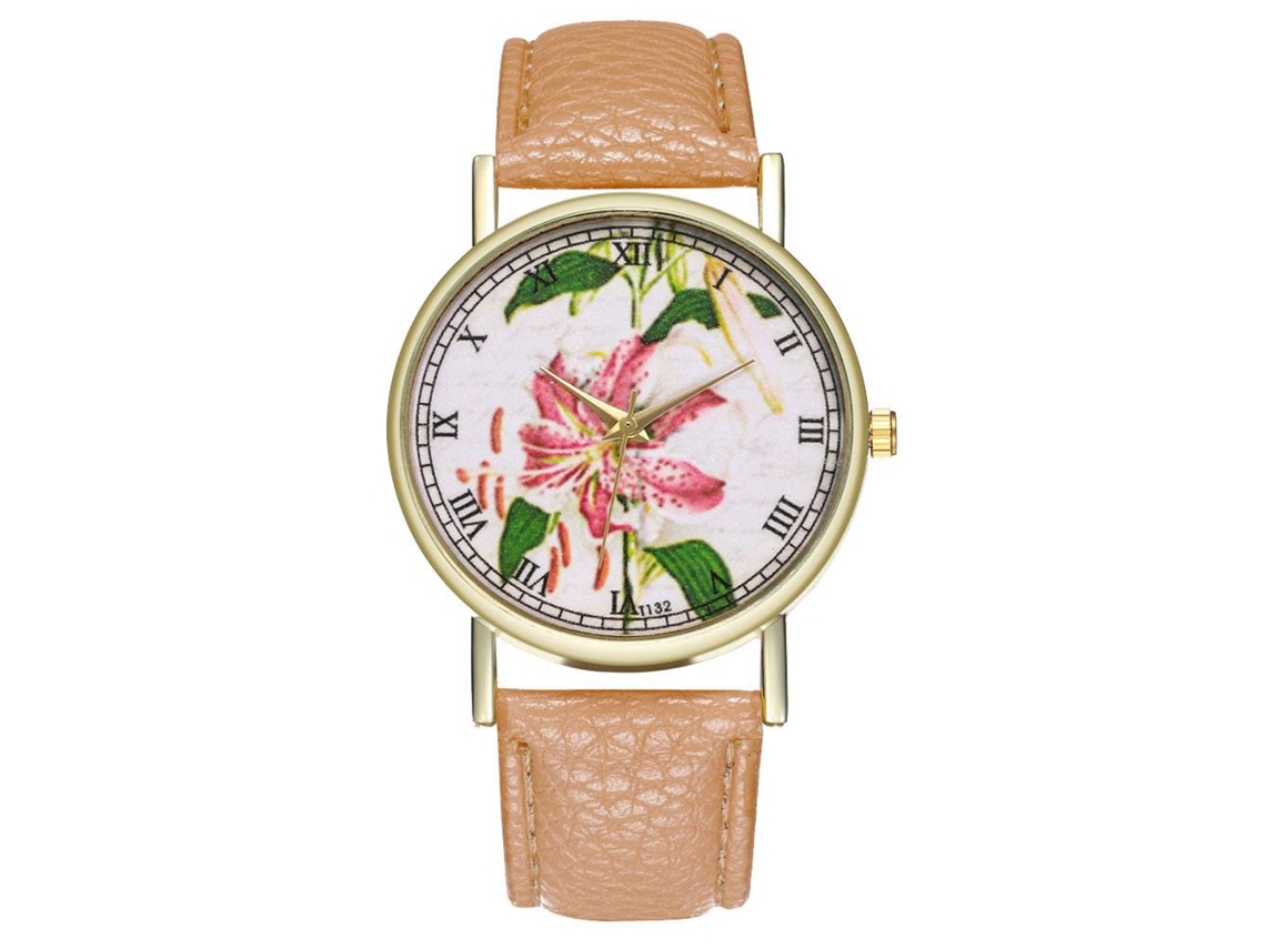 Relógio unissex analógico de quartzo com pulseira de couro PU, mostrador floral, estilo moderno (bege)