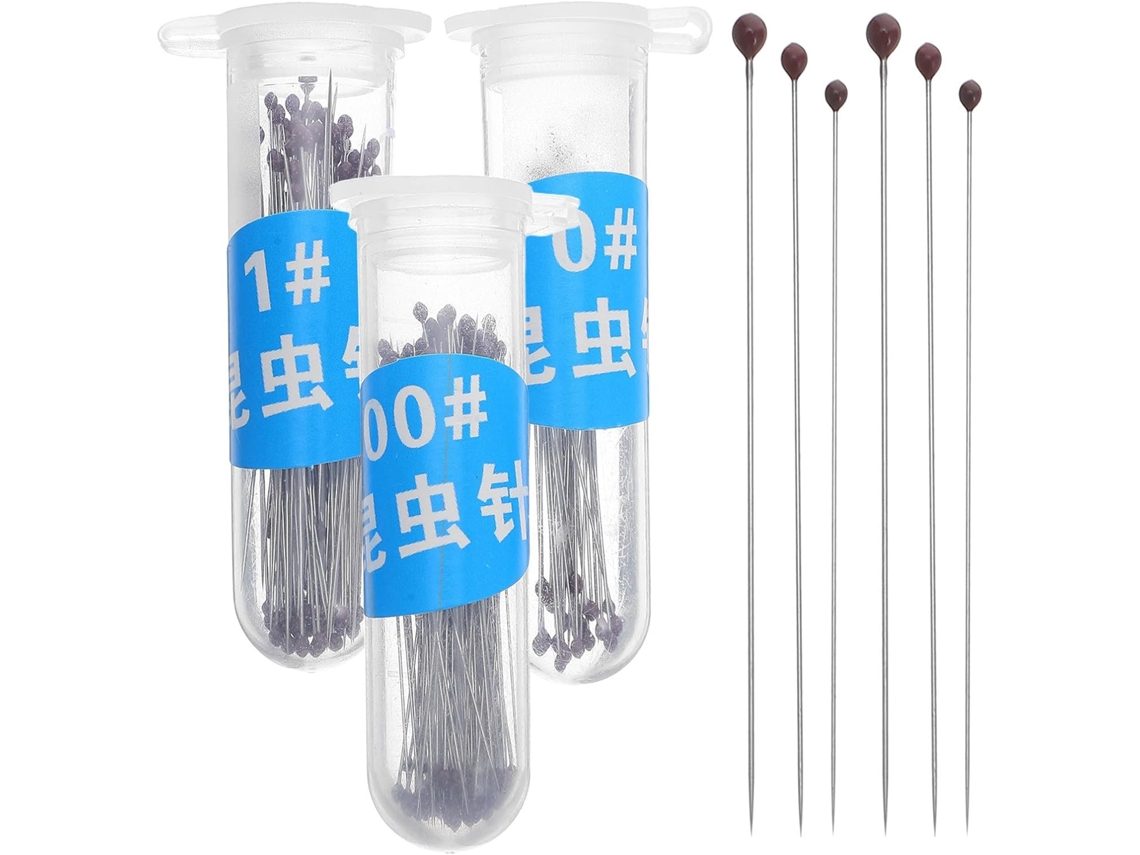 Kit com 300 alfinetes de aço inoxidável para entomologia, ideal para fixação de insetos e espécimes. Ferramenta educacional.