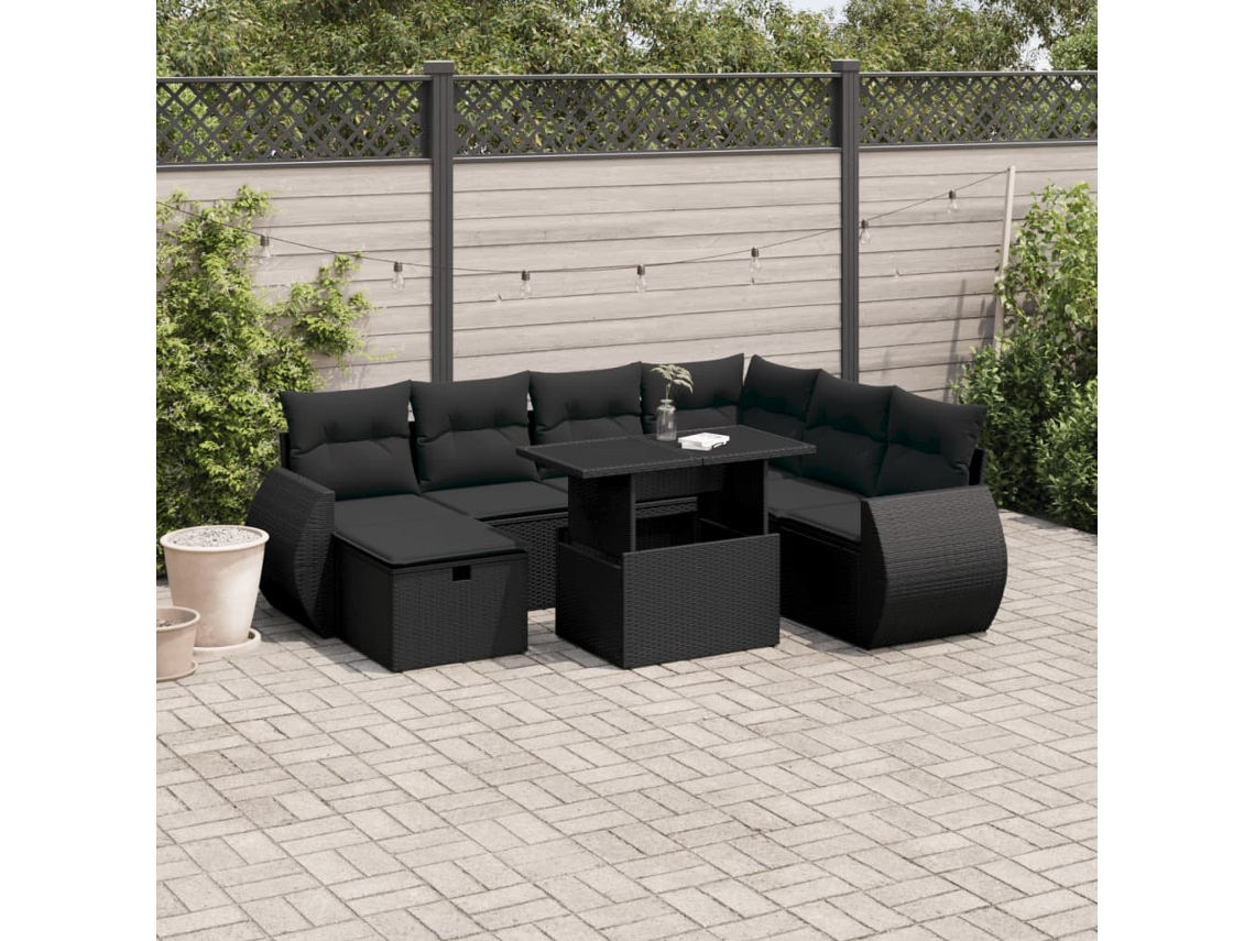 Vidaxl 8 Pcs Conjunto Sofás De Jardim Com Almofadões Vime Pe Preto