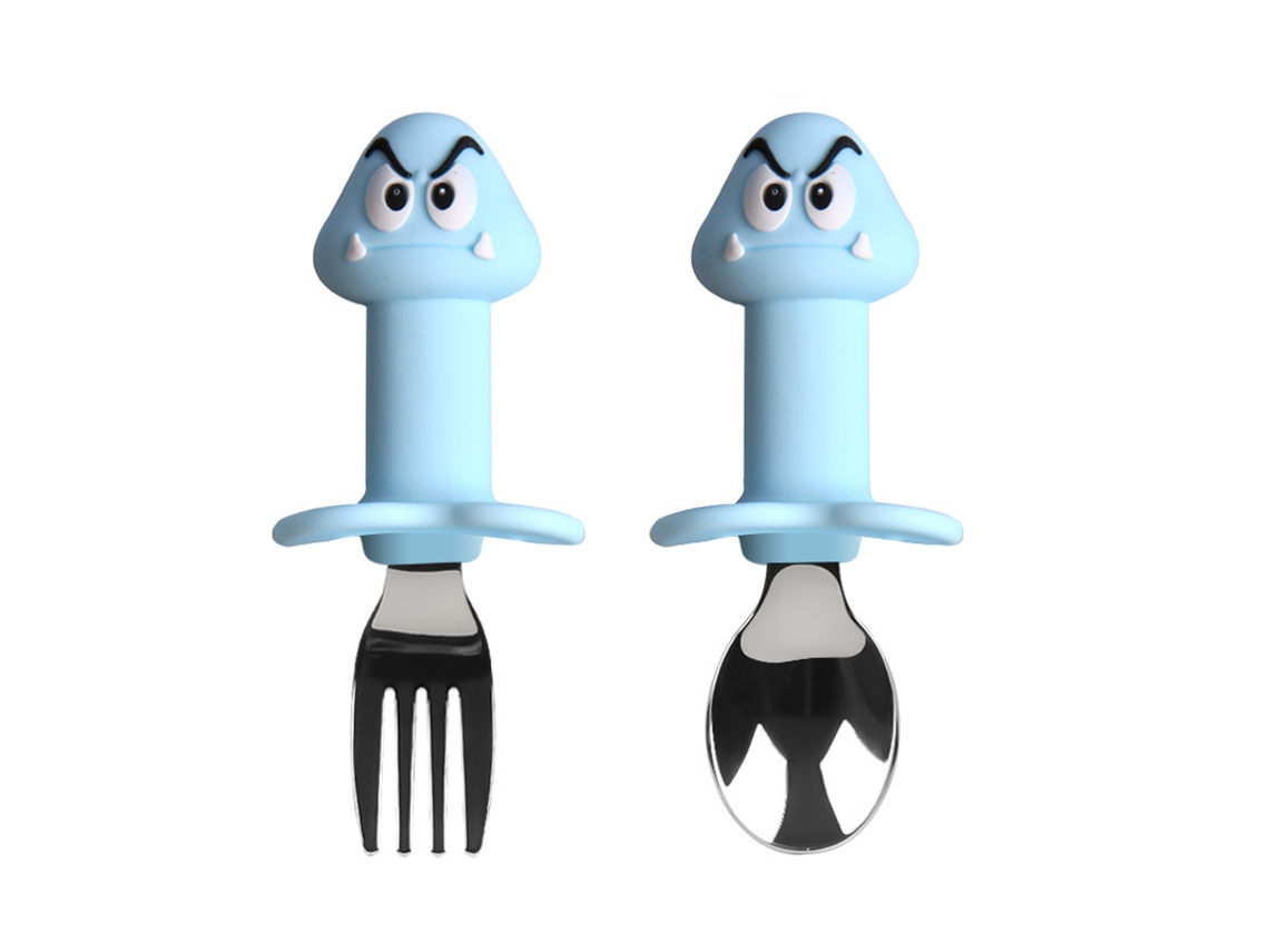 Talheres De Para Bebé, Colher E Garfo De Silicone Para Bebês, Com Anti-engasgo (azul - Formato De Cogumelo) Spqment