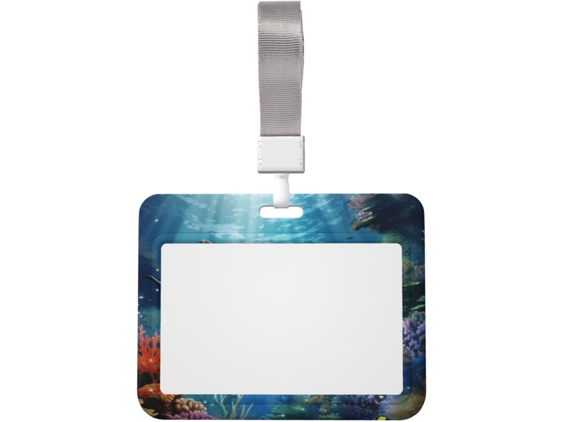 Porta-cracha Blue Ocean com cordão, modelo vertical à prova d'água, em plástico, com proteção para cartão de identificação.