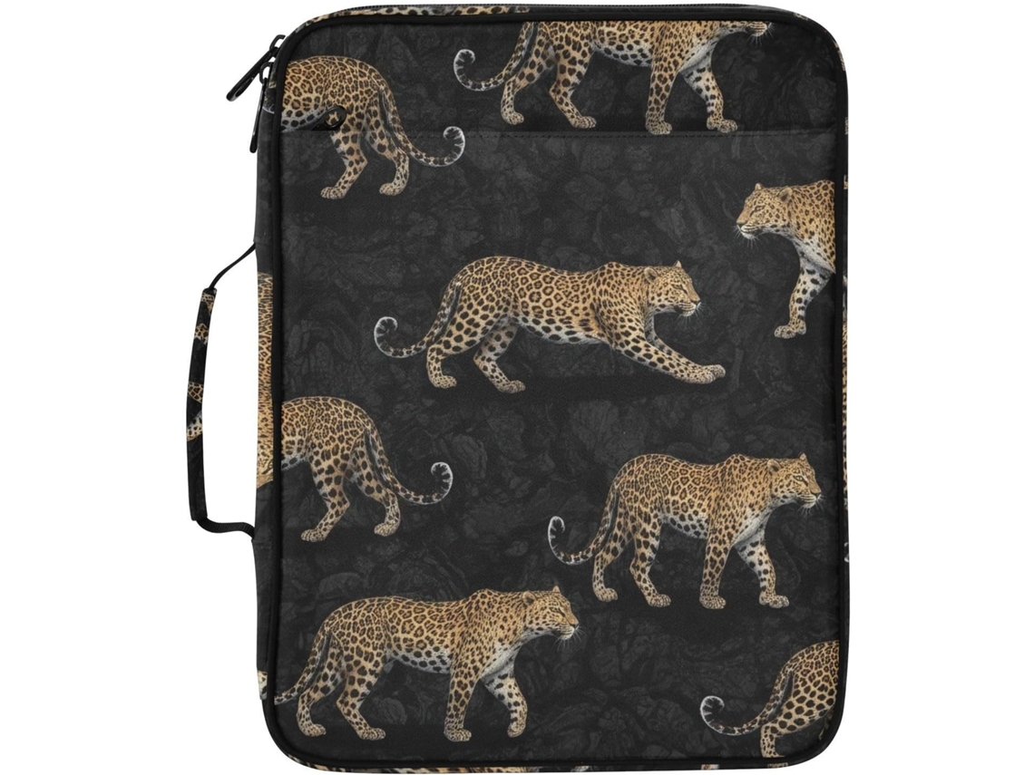 Pasta Expansível Preta Com Estampa De Leopardo, Organizador De Arquivos Tipo Sanfona Com 3 Argolas E Bolsos Zíper, Ideal