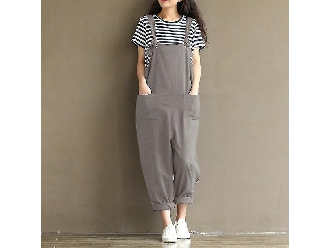 _macacão Casual Feminino Solto de Algodão com Cintas para Verões, Primas e Outonos