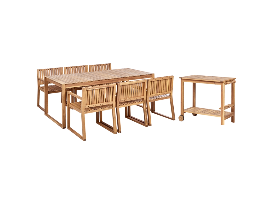 Conjunto De Comedor 6 Plazas Con Carrito Beliani Sassari Ii De Madera De Acacia Certificada Marrón 180x90x75