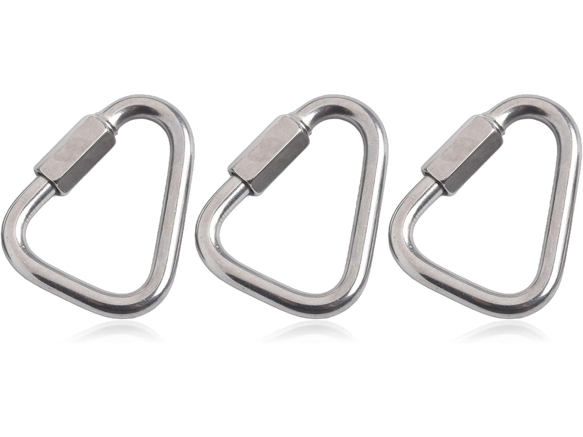 Conjunto de 3 mosquetões triangulares de aço inoxidável com trava.