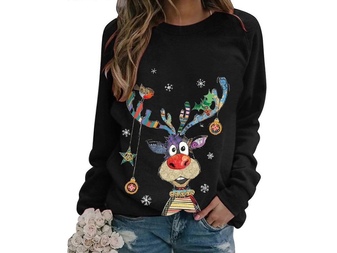 Jerséis De Natal Para Mulher Suaves Com Mangas Longas E Estampas Natalinas Negro M
