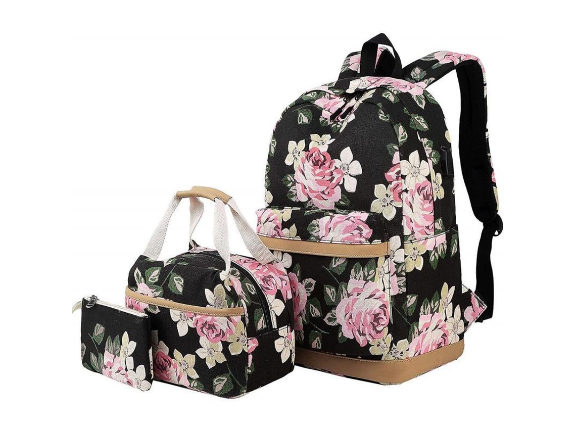 Mochila escolar floral 3 em 1 com bolsa de almoço, porta USB, durável, para meninas e mulheres, preto S/MARCA