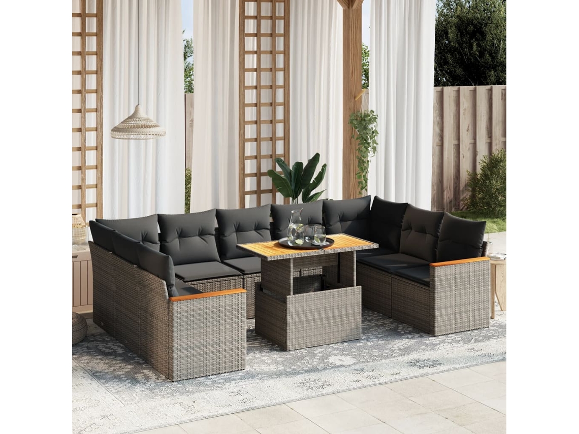 10 Pcs Conjunto Sofás De Jardim C/ Almofadões Vime Pe Cinza Dkd Home Decor
