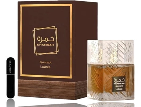 Perfume Khamrah Qahwa (Original) 100ml Unissex, Aroma Intenso de Café e Baunilha Brinde Atomizador 5ml DRIKANBEST Recarregável